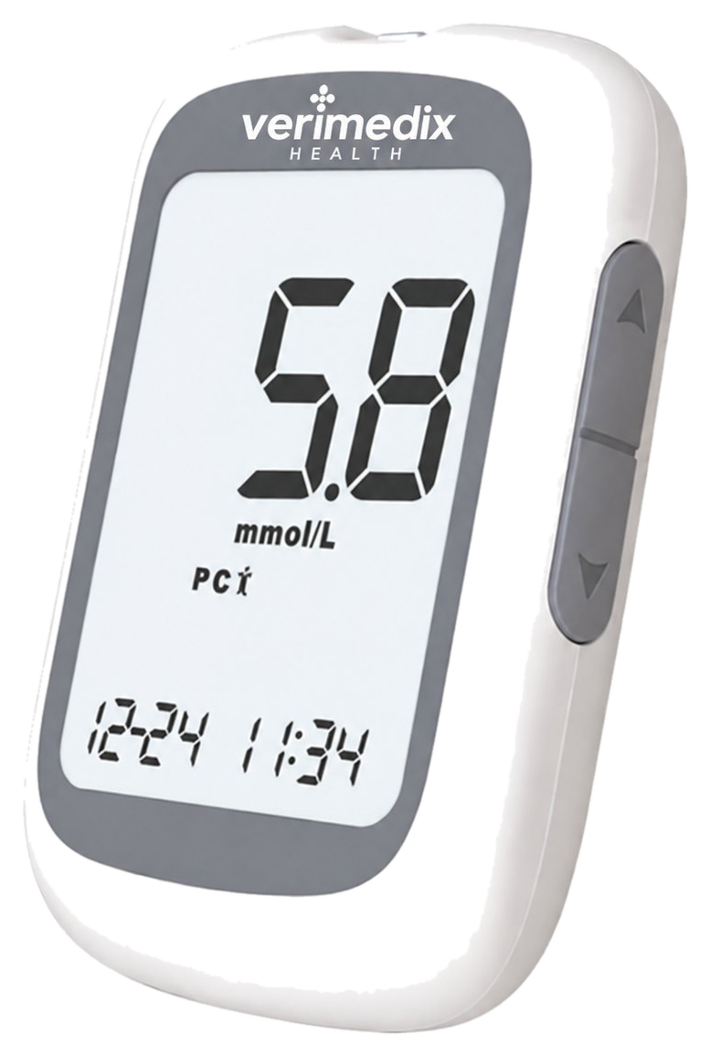 Verimedix Blood Glucose Meter showing a reading of 5.8 mmol/L